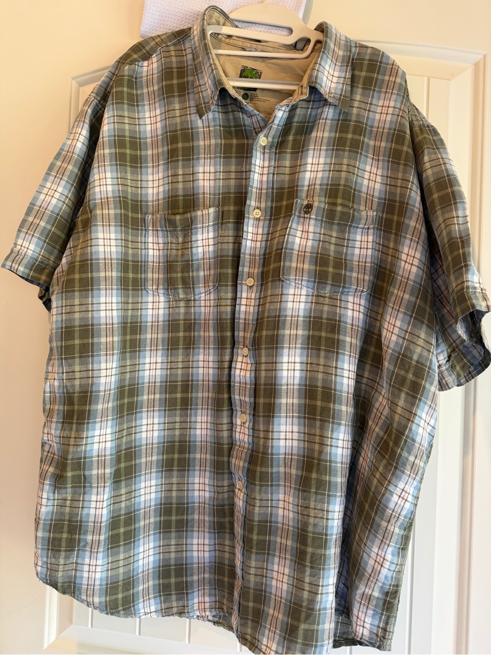 Timberland Green Blue Plaid Linen Blend Short Sleeve Button Down XXL